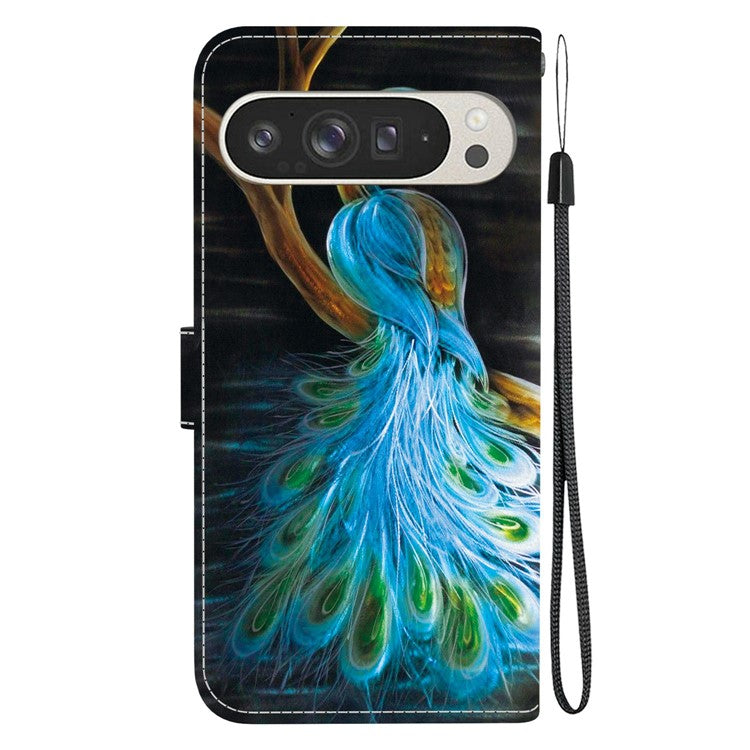 For Google Pixel 9 Pro XL Case Pattern Printing Anti-Drop Leather Flip Wallet Phone Cover with Lanyard - Peacock