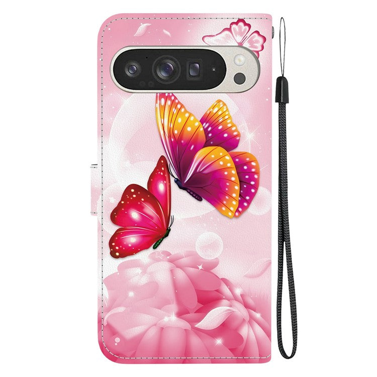 For Google Pixel 9 Pro XL Case Pattern Printing Anti-Drop Leather Flip Wallet Phone Cover with Lanyard - Pink Butterfly