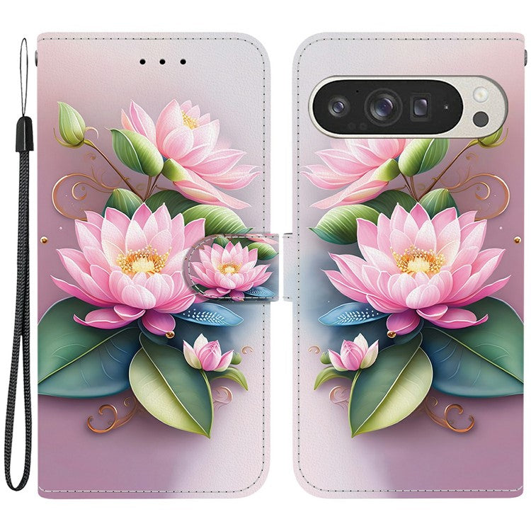 For Google Pixel 9 Pro XL Case Pattern Printing Anti-Drop Leather Flip Wallet Phone Cover with Lanyard - Lotus