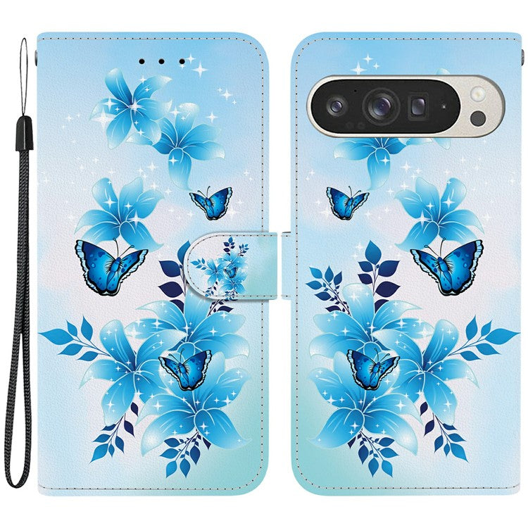 For Google Pixel 9 Pro XL Case Pattern Printing Anti-Drop Leather Flip Wallet Phone Cover with Lanyard - Blue Butterfly