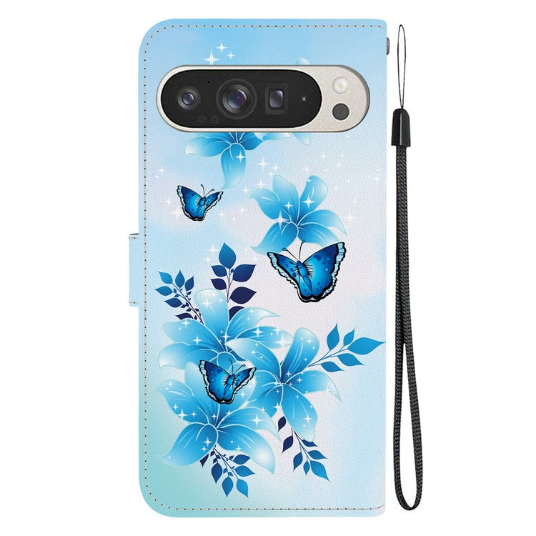 For Google Pixel 9 Pro XL Case Pattern Printing Anti-Drop Leather Flip Wallet Phone Cover with Lanyard - Blue Butterfly