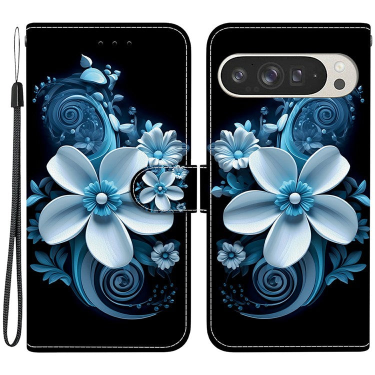 For Google Pixel 9 Pro XL Case Pattern Printing Anti-Drop Leather Flip Wallet Phone Cover with Lanyard - Black Orchid