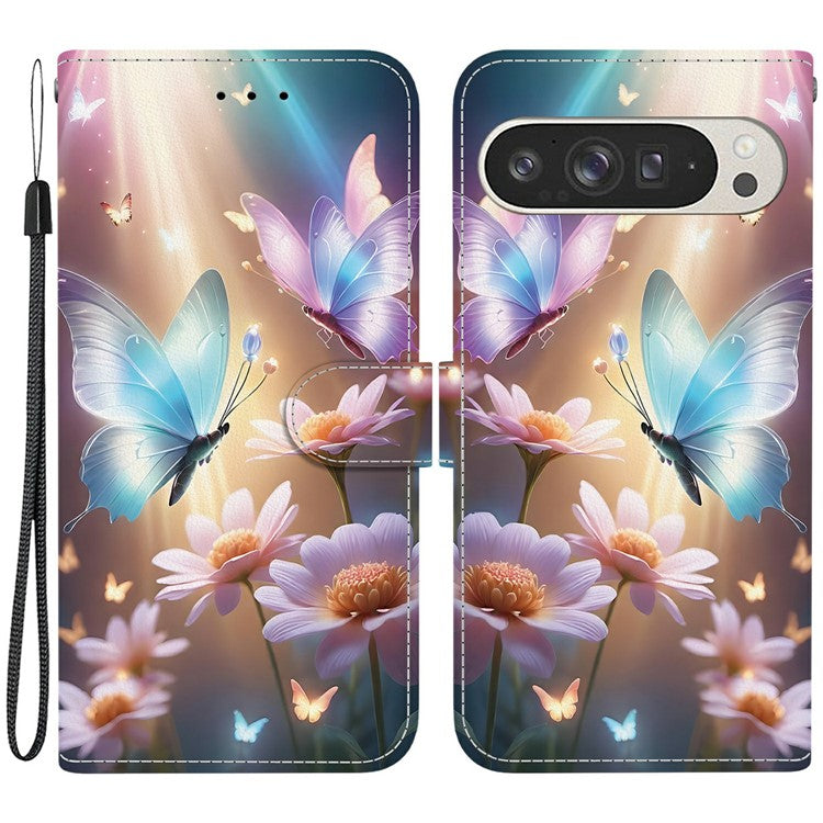 For Google Pixel 9 Pro XL Case Pattern Printing Anti-Drop Leather Flip Wallet Phone Cover with Lanyard - Butterfly Floral