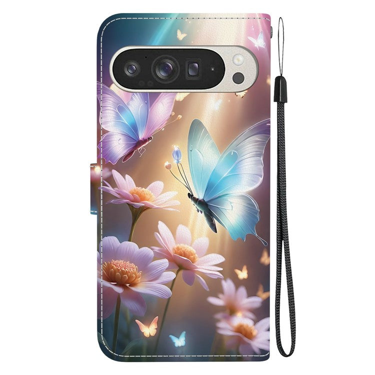 For Google Pixel 9 Pro XL Case Pattern Printing Anti-Drop Leather Flip Wallet Phone Cover with Lanyard - Butterfly Floral