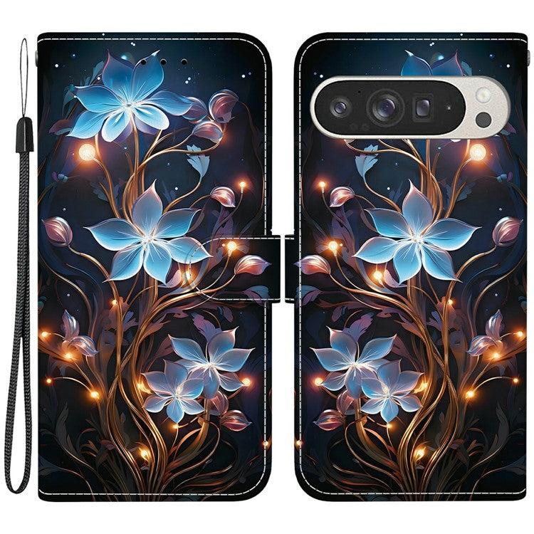 For Google Pixel 9 Pro XL Case Pattern Printing Anti-Drop Leather Flip Wallet Phone Cover with Lanyard - Small Lantern Flower