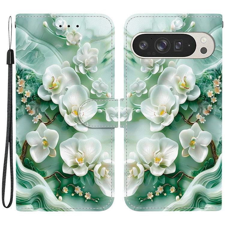 For Google Pixel 9 Pro XL Case Pattern Printing Anti-Drop Leather Flip Wallet Phone Cover with Lanyard - Jade Flower