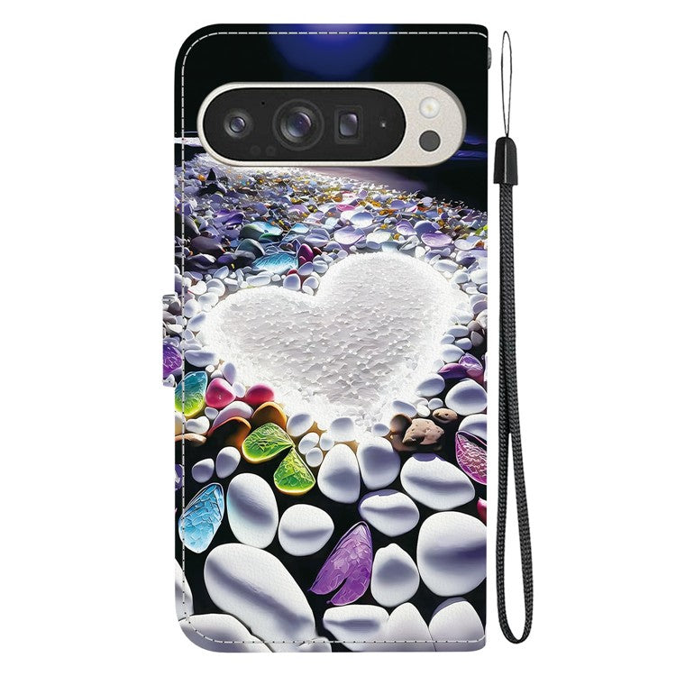 For Google Pixel 9 Pro XL Case Pattern Printing Anti-Drop Leather Flip Wallet Phone Cover with Lanyard - Heart Shape