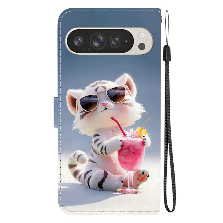 For Google Pixel 9 Pro XL Case Pattern Printing Anti-Drop Leather Flip Wallet Phone Cover with Lanyard - Cartoon Tiger