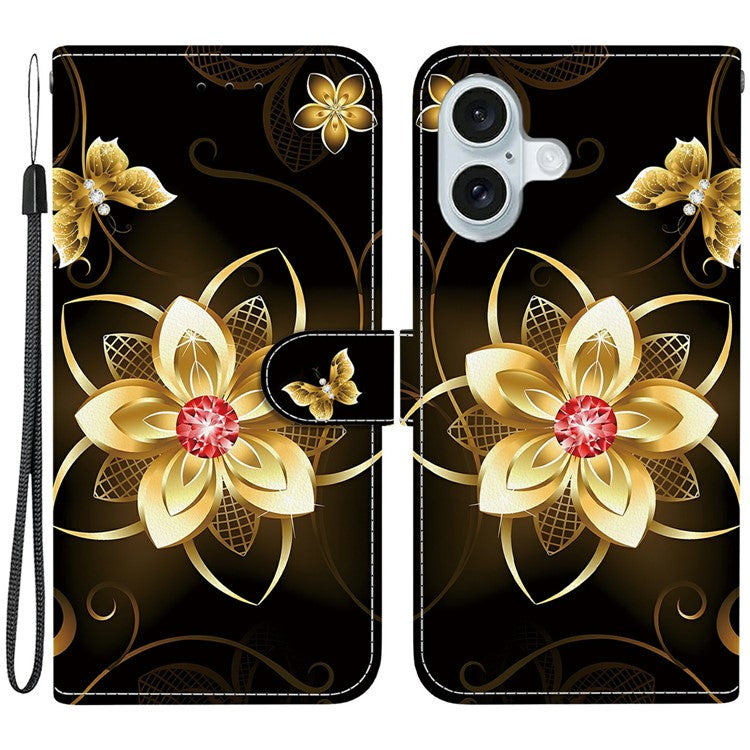 For iPhone 16 Case Pattern Printing Anti-Drop Leather Flip Wallet Phone Cover with Lanyard - Golden Flower