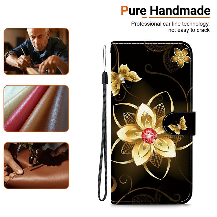For iPhone 16 Case Pattern Printing Anti-Drop Leather Flip Wallet Phone Cover with Lanyard - Golden Flower