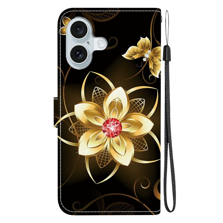 For iPhone 16 Case Pattern Printing Anti-Drop Leather Flip Wallet Phone Cover with Lanyard - Golden Flower