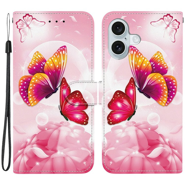 For iPhone 16 Case Pattern Printing Anti-Drop Leather Flip Wallet Phone Cover with Lanyard - Pink Butterfly