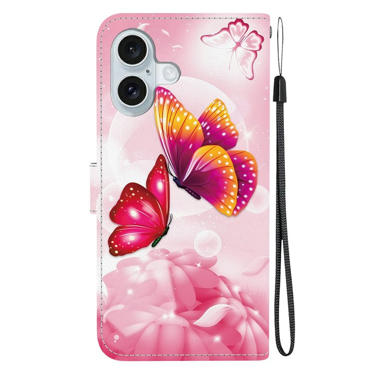 For iPhone 16 Case Pattern Printing Anti-Drop Leather Flip Wallet Phone Cover with Lanyard - Pink Butterfly