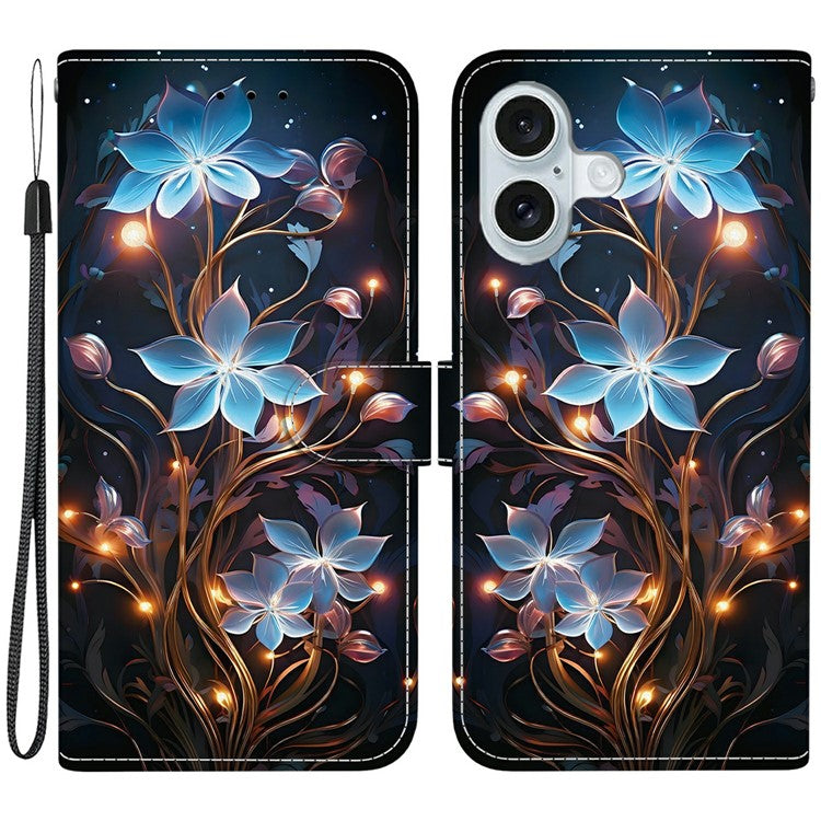 For iPhone 16 Case Pattern Printing Anti-Drop Leather Flip Wallet Phone Cover with Lanyard - Small Lantern Flower