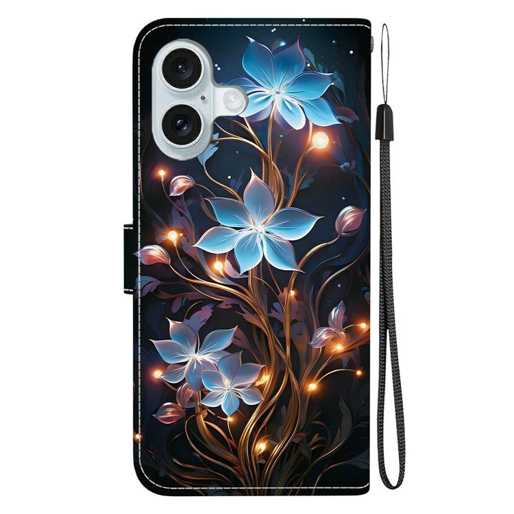 For iPhone 16 Case Pattern Printing Anti-Drop Leather Flip Wallet Phone Cover with Lanyard - Small Lantern Flower