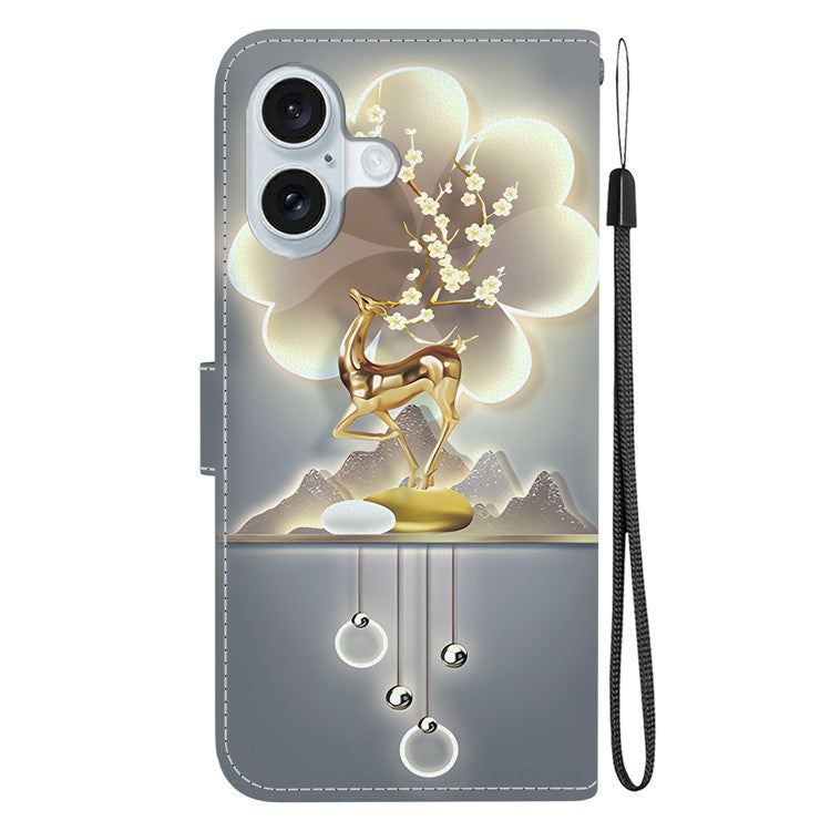 For iPhone 16 Plus Case Pattern Printing Anti-Drop Leather Flip Wallet Phone Cover with Lanyard - Sika Deer