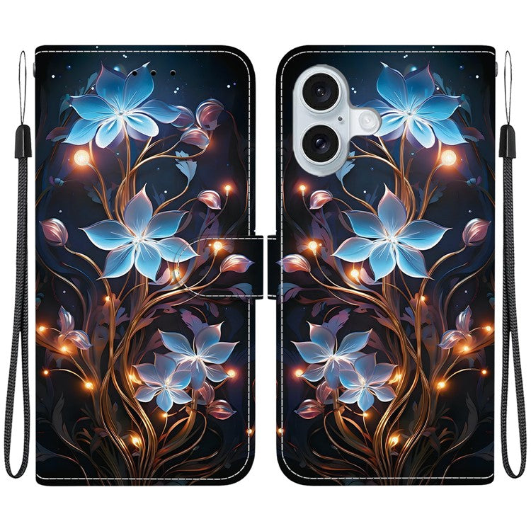 For iPhone 16 Plus Case Pattern Printing Anti-Drop Leather Flip Wallet Phone Cover with Lanyard - Small Lantern Flower