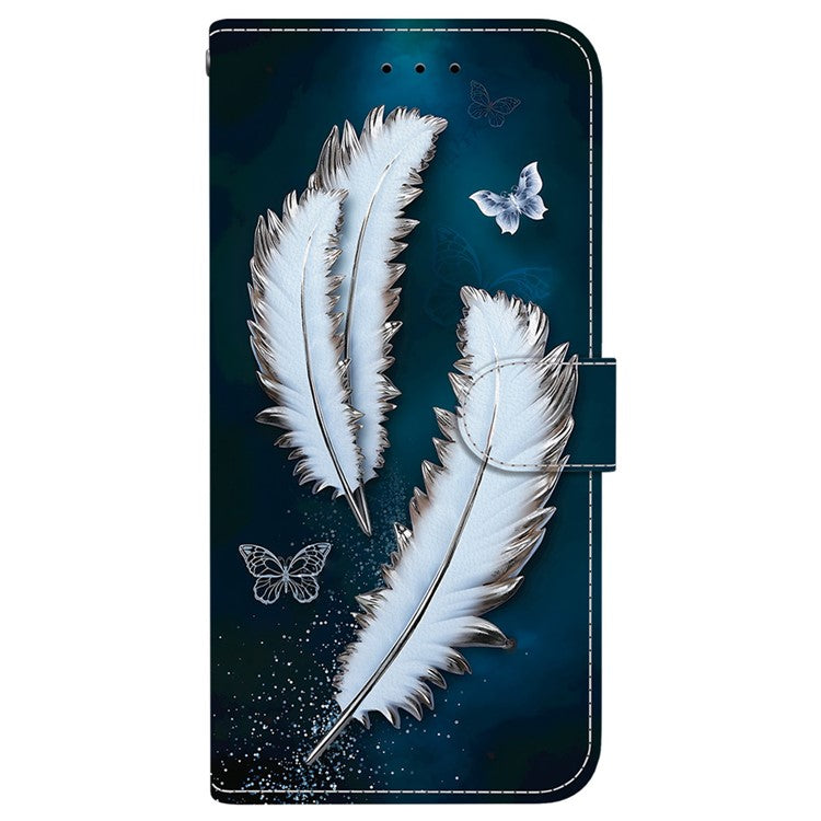 For iPhone 16 Pro Case Pattern Printing Anti-Drop Leather Flip Wallet Phone Cover with Lanyard - White Butterfly Feather