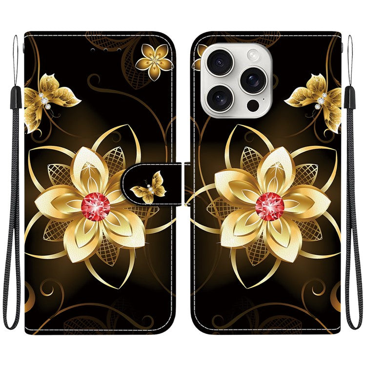 For iPhone 16 Pro Case Pattern Printing Anti-Drop Leather Flip Wallet Phone Cover with Lanyard - Golden Flower