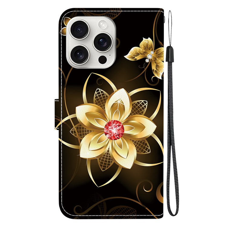 For iPhone 16 Pro Case Pattern Printing Anti-Drop Leather Flip Wallet Phone Cover with Lanyard - Golden Flower