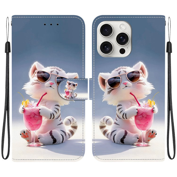 For iPhone 16 Pro Case Pattern Printing Anti-Drop Leather Flip Wallet Phone Cover with Lanyard - Cartoon Tiger