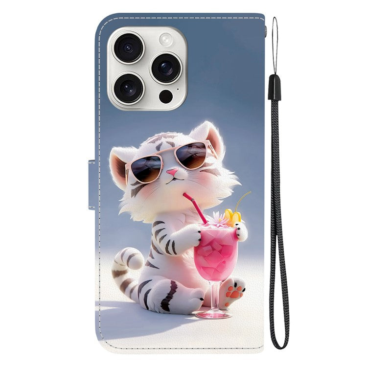 For iPhone 16 Pro Case Pattern Printing Anti-Drop Leather Flip Wallet Phone Cover with Lanyard - Cartoon Tiger