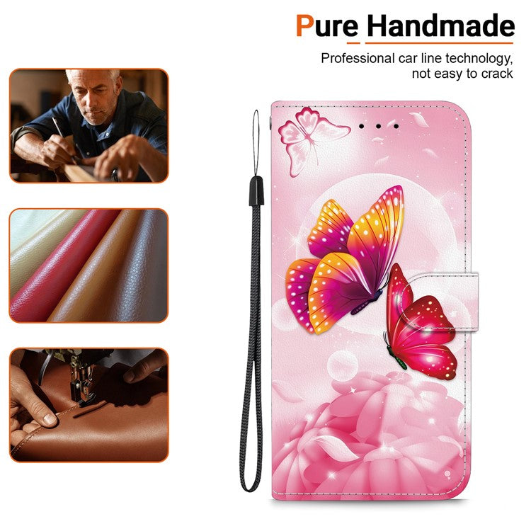 For Samsung Galaxy A25 5G (Global) (161.0 x 76.5 x 8.3mm) Case Pattern Printing Leather Wallet Phone Cover with Lanyard - Pink Butterfly