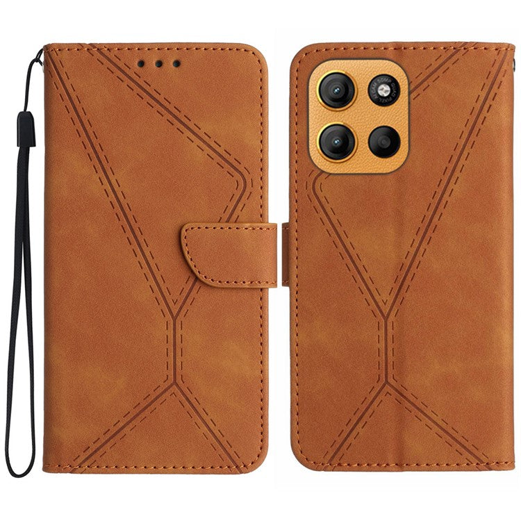For Motorola Moto G15 4G Case Skin Touch Lines PU Leather Flip Phone Cover - Brown
