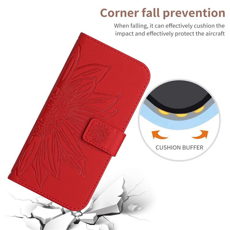 For Motorola Moto G15 4G Case Sunflower Imprint PU Leather Phone Cover with Long Strap - Red