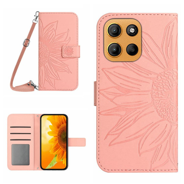 For Motorola Moto G15 4G Case Sunflower Imprint PU Leather Phone Cover with Long Strap - Light Pink