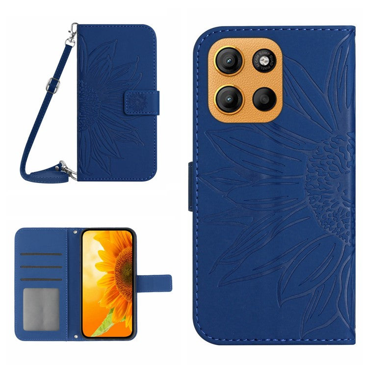 For Motorola Moto G15 4G Case Sunflower Imprint PU Leather Phone Cover with Long Strap - Sapphire