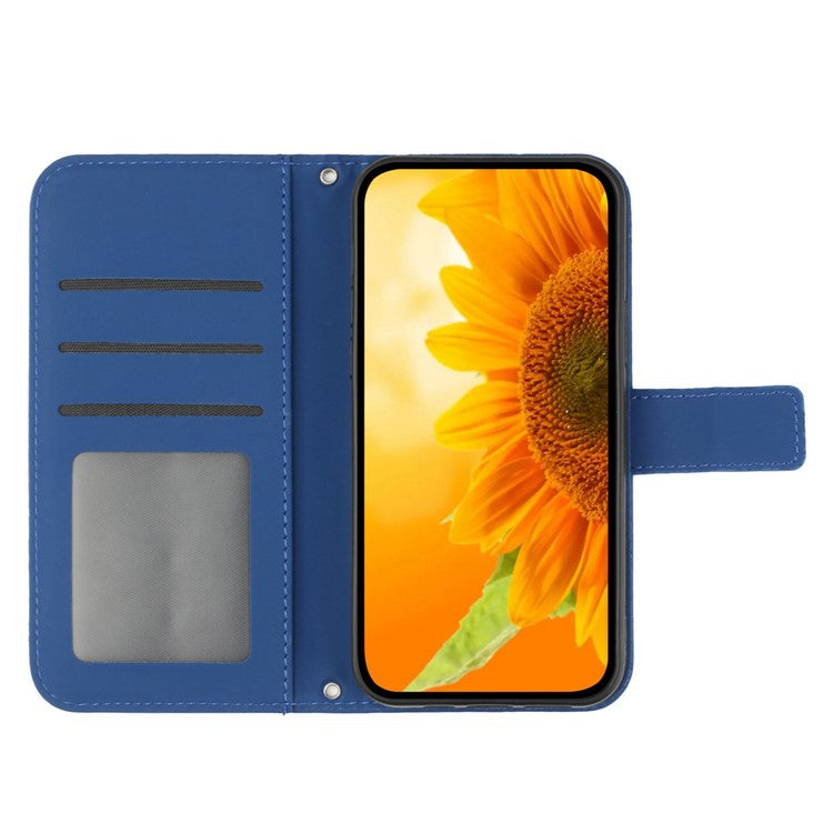 For Motorola Moto G15 4G Case Sunflower Imprint PU Leather Phone Cover with Long Strap - Sapphire