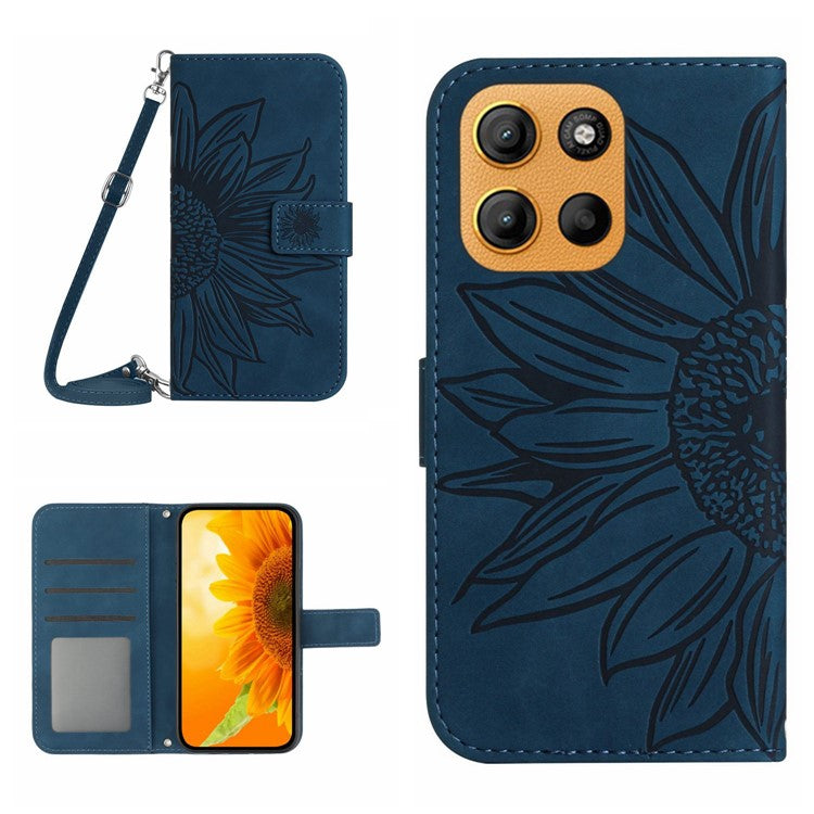For Motorola Moto G15 4G Case Sunflower Imprint PU Leather Phone Cover with Long Strap - Dark Blue