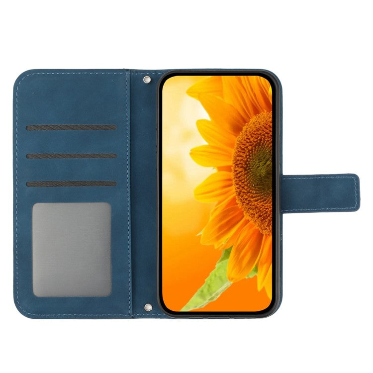 For Motorola Moto G15 4G Case Sunflower Imprint PU Leather Phone Cover with Long Strap - Dark Blue