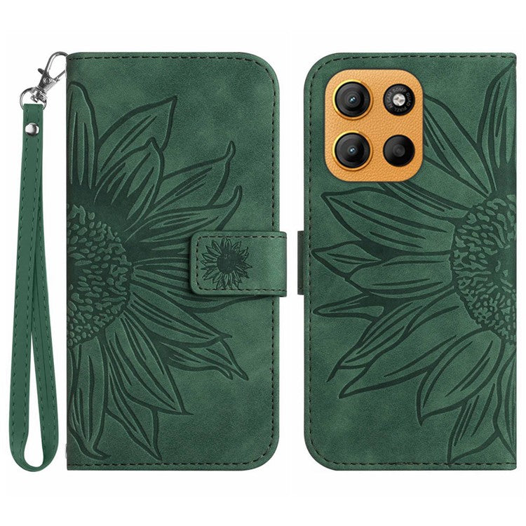 For Motorola Moto G15 4G Case Sunflower Imprint Leather Wallet Phone Cover with Wrist Strap - Blackish Green
