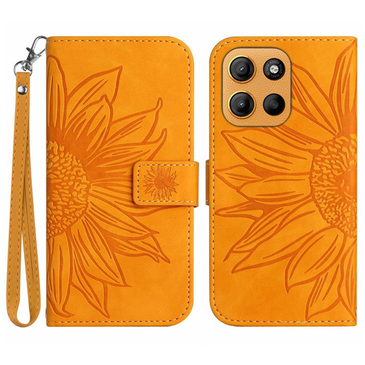 For Motorola Moto G15 4G Case Sunflower Imprint Leather Wallet Phone Cover with Wrist Strap - Yellow