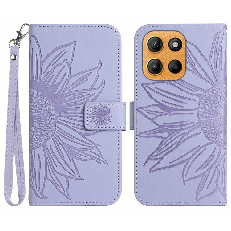 For Motorola Moto G15 4G Case Sunflower Imprint Leather Wallet Phone Cover with Wrist Strap - Light Purple
