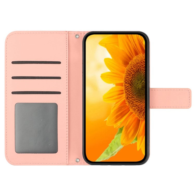 For Motorola Moto G15 4G Case Sunflower Imprint Leather Wallet Phone Cover with Wrist Strap - Light Pink