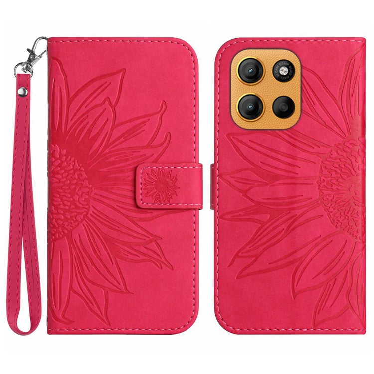 For Motorola Moto G15 4G Case Sunflower Imprint Leather Wallet Phone Cover with Wrist Strap - Rose