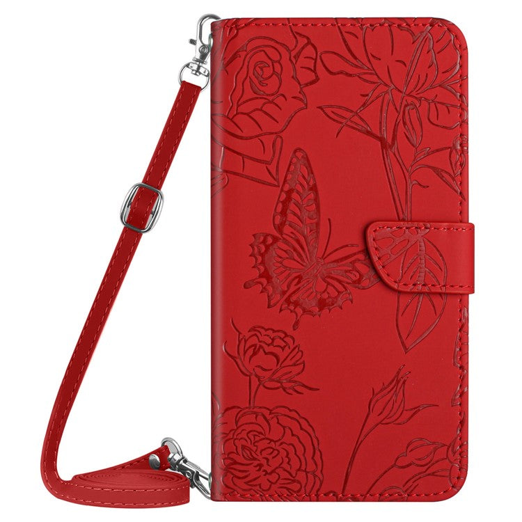 For Motorola Moto G15 4G Case Butterfly Flower Imprint Leather Phone Cover with Shoulder Strap - Red