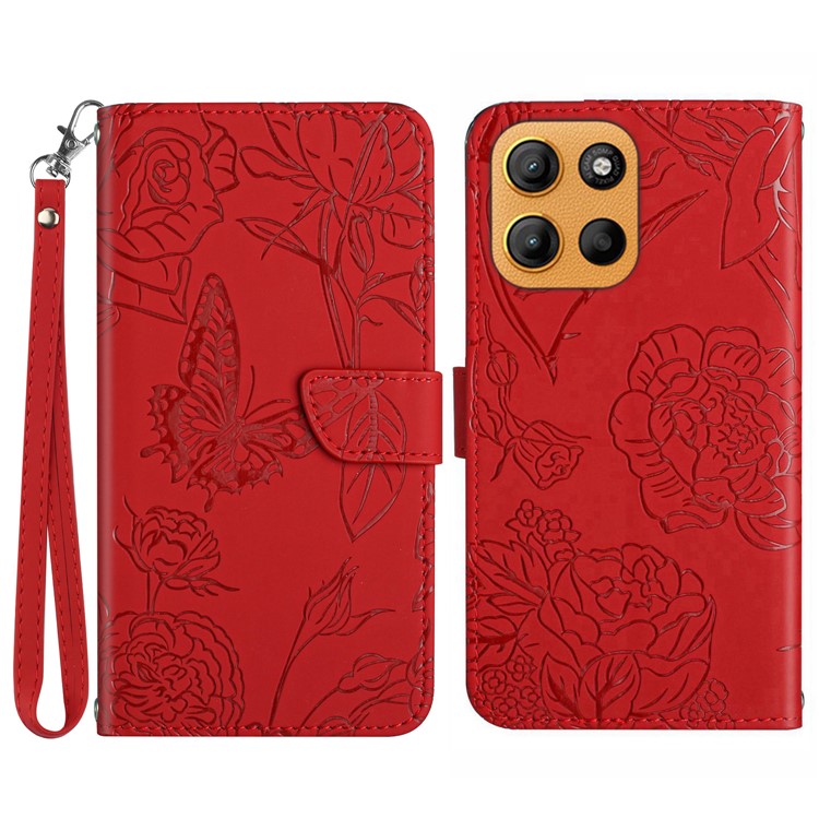 For Motorola Moto G15 4G Case Leather Phone Cover with Strap, Butterfly Flower Imprint - Red
