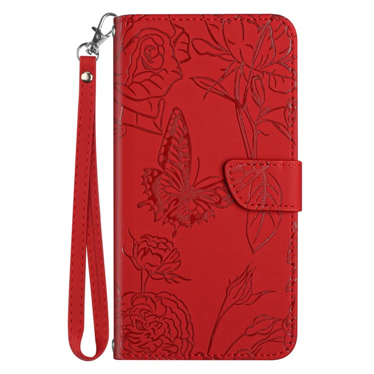 For Motorola Moto G15 4G Case Leather Phone Cover with Strap, Butterfly Flower Imprint - Red