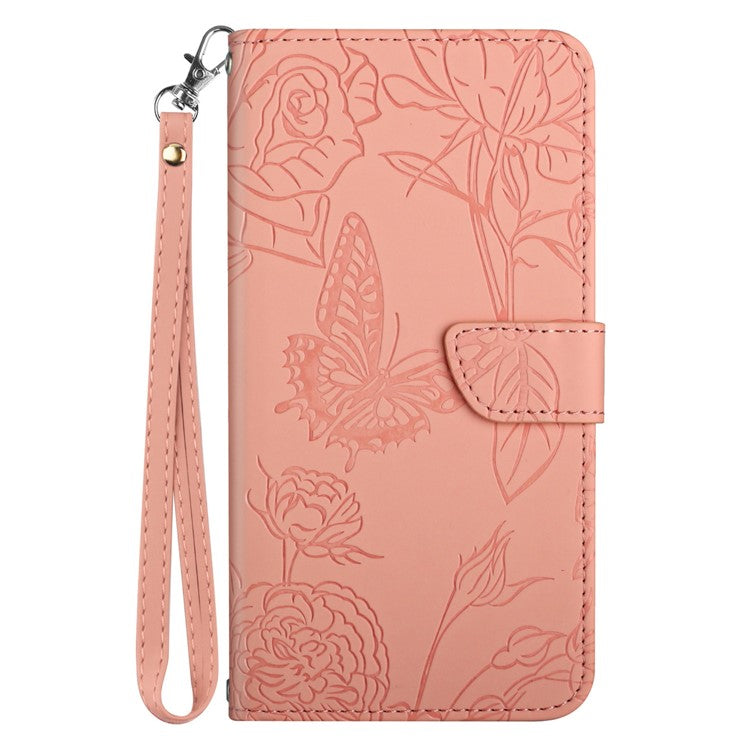 For Motorola Moto G15 4G Case Leather Phone Cover with Strap, Butterfly Flower Imprint - Pink