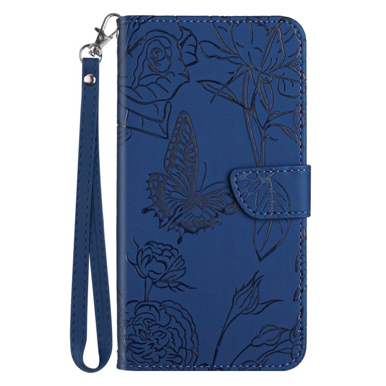 For Motorola Moto G15 4G Case Leather Phone Cover with Strap, Butterfly Flower Imprint - Blue