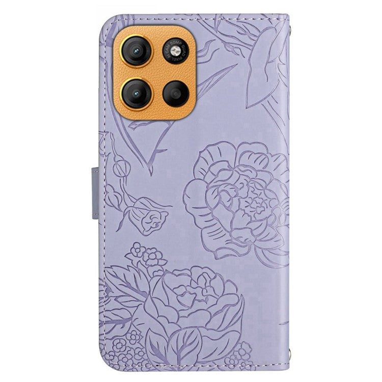 For Motorola Moto G15 4G Case Leather Phone Cover with Strap, Butterfly Flower Imprint - Purple