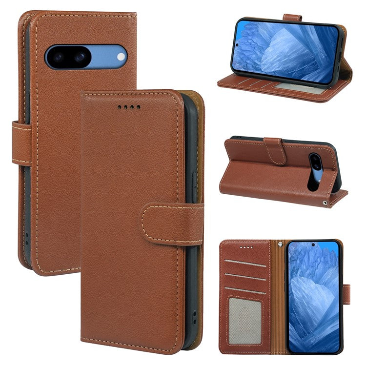 For Google Pixel 8a Leather Case Litchi Texture Wallet RFID Blocking Phone Cover - Brown