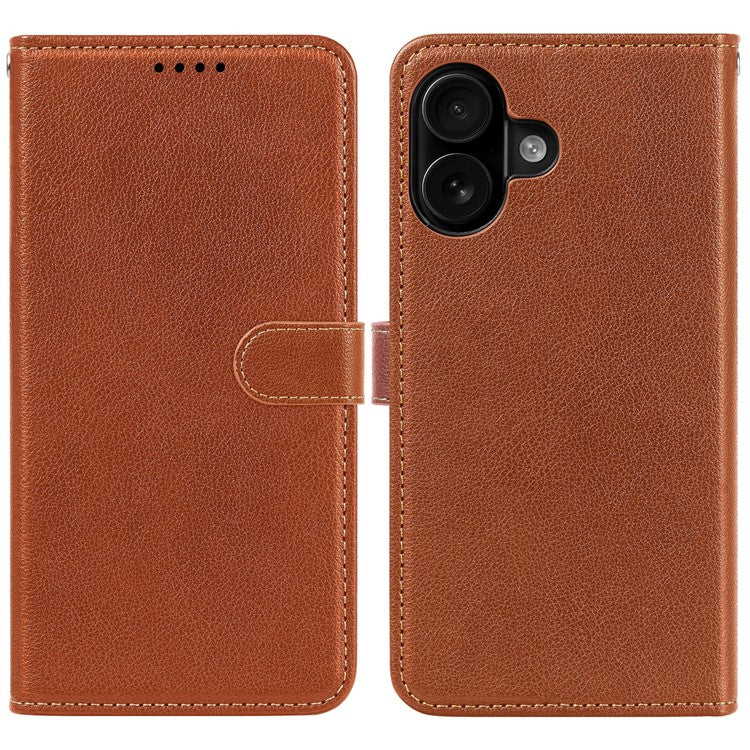 For iPhone 16 Leather Case Litchi Texture Wallet RFID Blocking Phone Cover - Brown