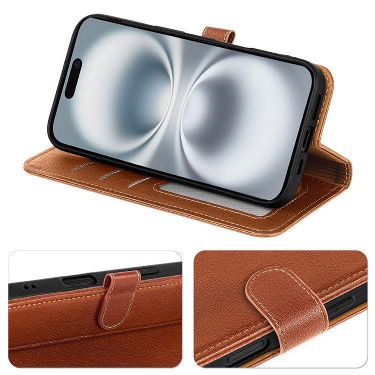For iPhone 16 Leather Case Litchi Texture Wallet RFID Blocking Phone Cover - Brown