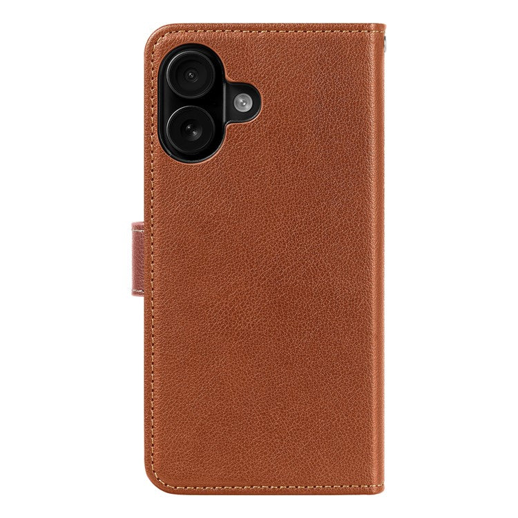 For iPhone 16 Leather Case Litchi Texture Wallet RFID Blocking Phone Cover - Brown