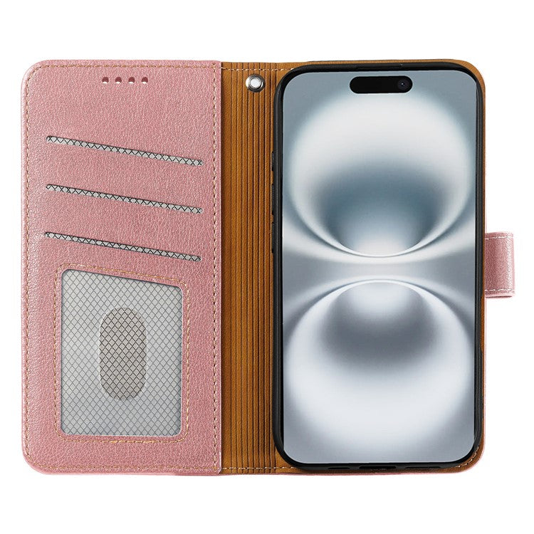 For iPhone 16 Plus Leather Case Litchi Texture Wallet RFID Blocking Phone Cover - Rose Gold